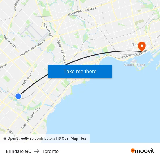 Erindale GO to Toronto map