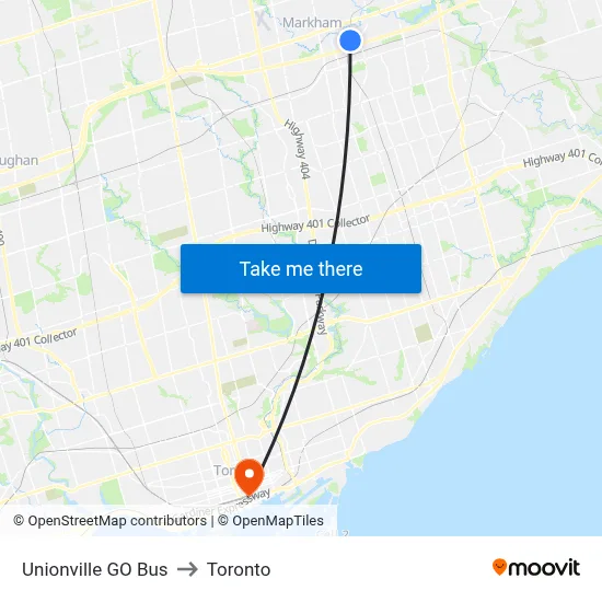 Unionville GO Bus to Toronto map