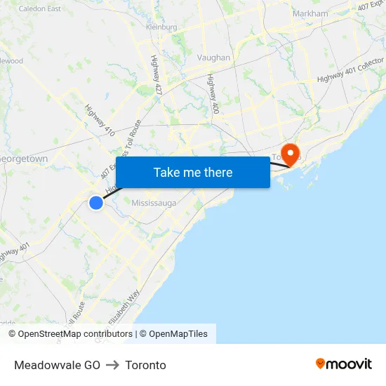 Meadowvale GO to Toronto map