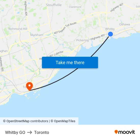 Whitby GO to Toronto map