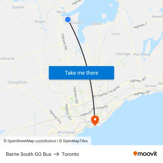 Barrie South GO Bus to Toronto map