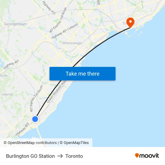 Burlington GO Station to Toronto map
