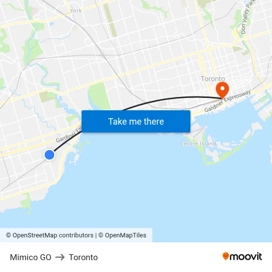 Mimico GO to Toronto map