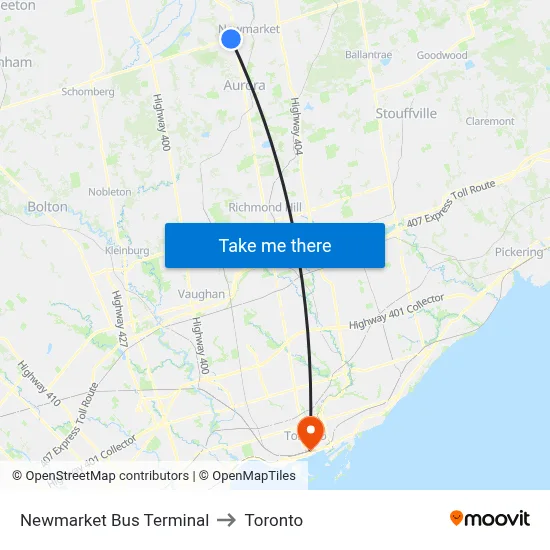 Newmarket Bus Terminal to Toronto map