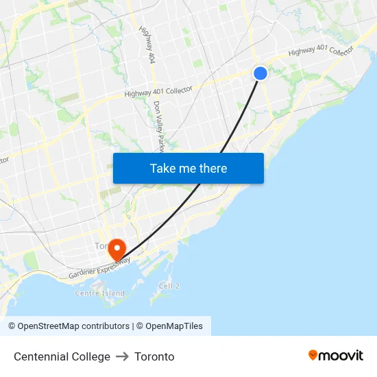 Centennial College to Toronto map