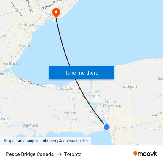 Peace Bridge Canada to Toronto map
