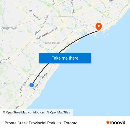 Bronte Creek Provincial Park to Toronto map