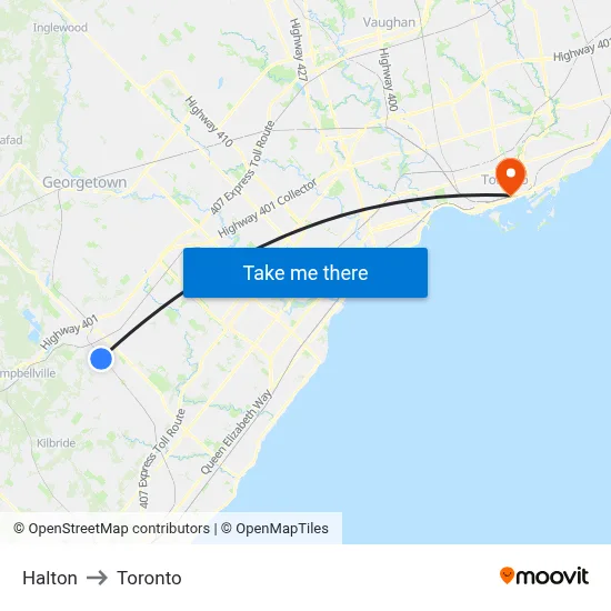 Halton to Toronto map