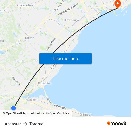 Ancaster to Toronto map