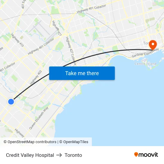 Credit Valley Hospital to Toronto map