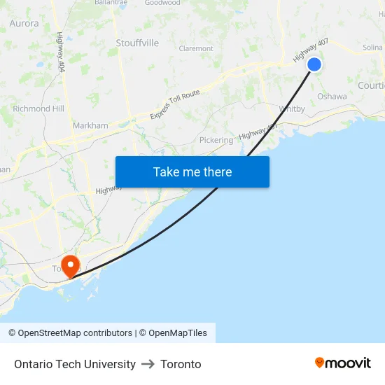 Ontario Tech University to Toronto map