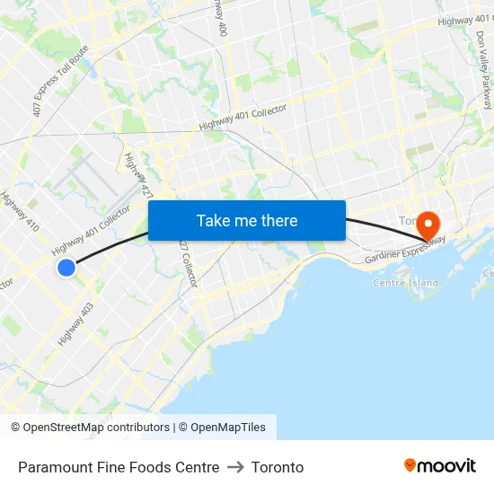 Paramount Fine Foods Centre to Toronto map
