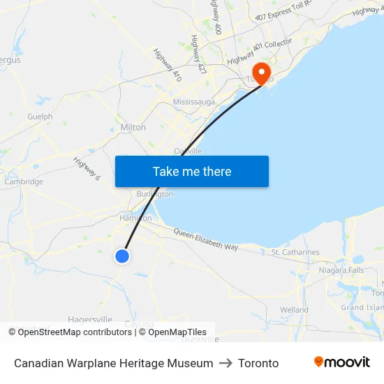 Canadian Warplane Heritage Museum to Toronto map