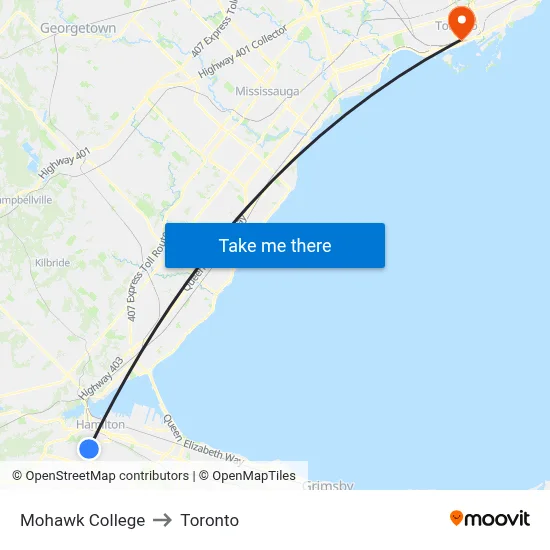 Mohawk College to Toronto map