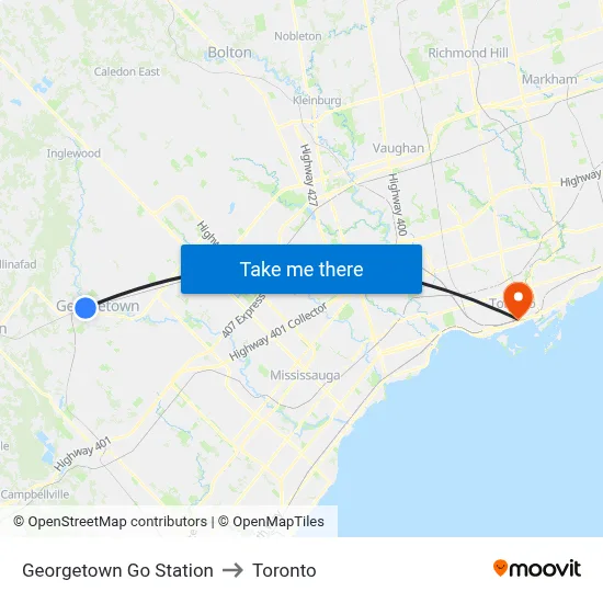 Georgetown Go Station to Toronto map