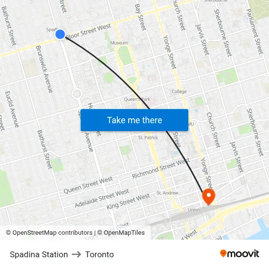 Spadina Station to Toronto map