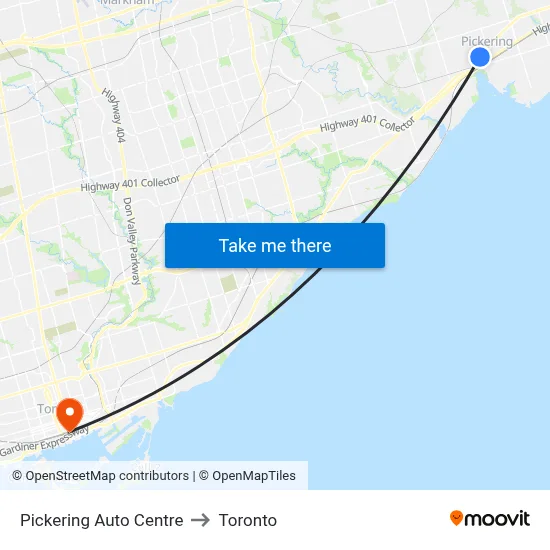 Pickering Auto Centre to Toronto map
