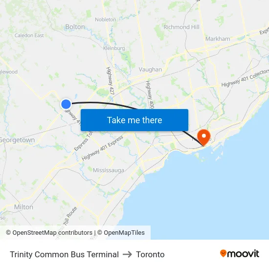 Trinity Common Bus Terminal to Toronto map