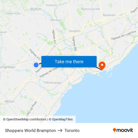 Shoppers World Brampton to Toronto map