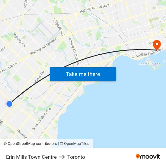 Erin Mills Town Centre to Toronto map