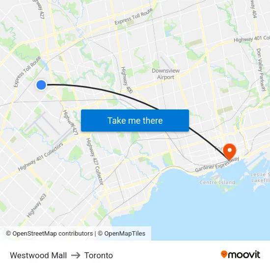 Westwood Mall to Toronto map