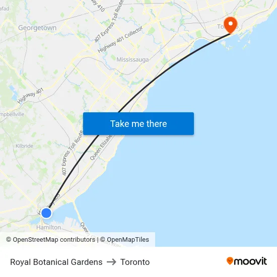 Royal Botanical Gardens to Toronto map