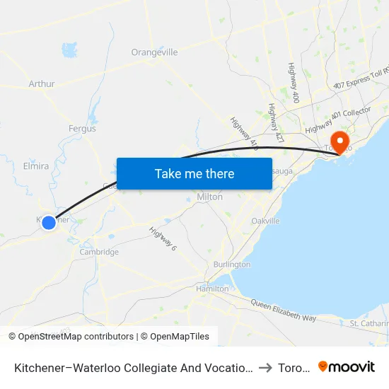 Kitchener-Waterloo Collegiate & Vocational School to Toronto map