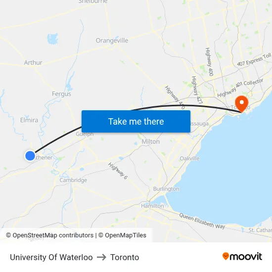 University Of Waterloo to Toronto map