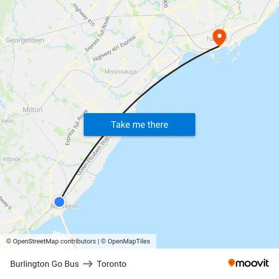 Burlington Go Bus to Toronto map