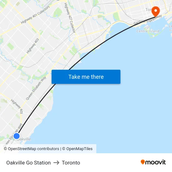 Oakville Go Station to Toronto map