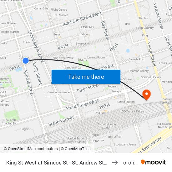 King St West at Simcoe St - St. Andrew Station to Toronto map