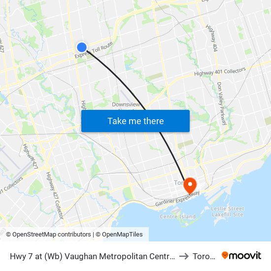 Hwy 7 at (Wb) Vaughan Metropolitan Centre Station to Toronto map