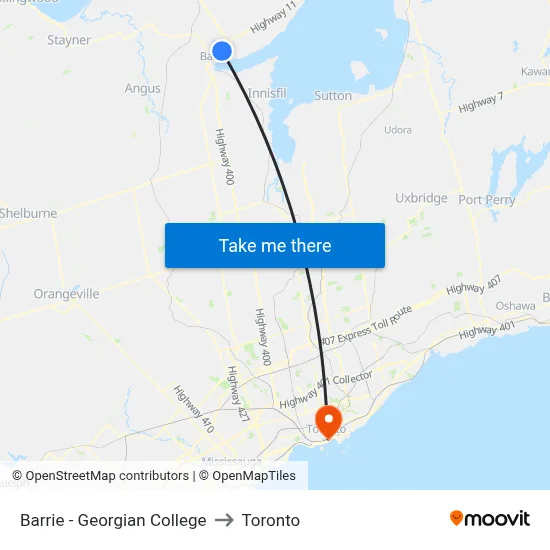 Barrie - Georgian College to Toronto map