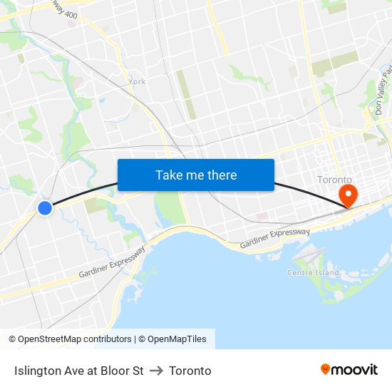 Islington Ave at Bloor St to Toronto map