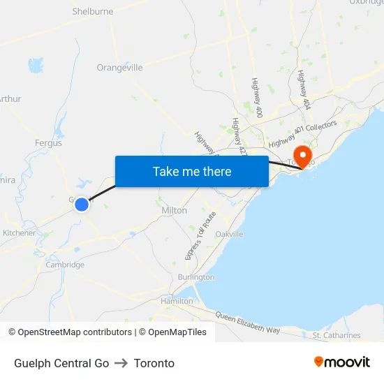 Guelph Central Go to Toronto map