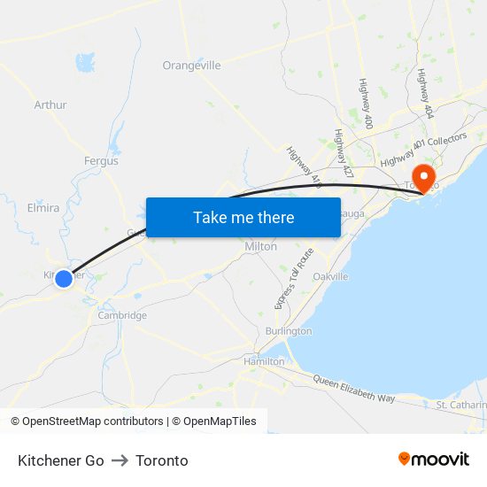 Kitchener Go to Toronto map