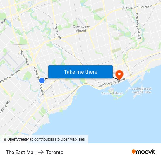 The East Mall to Toronto map