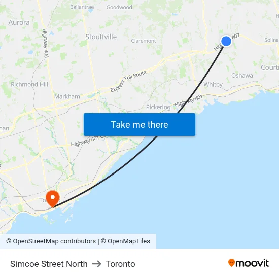 Simcoe Street North to Toronto map