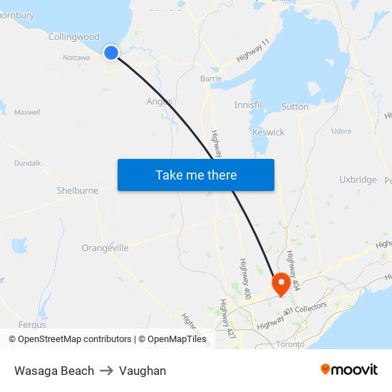 Wasaga Beach to Vaughan map