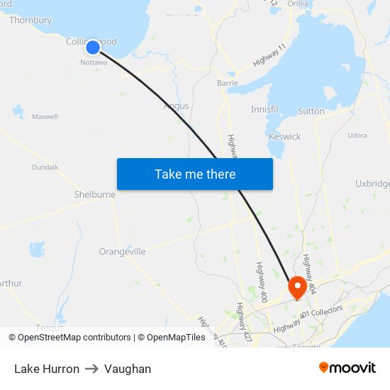 Lake Hurron to Vaughan map