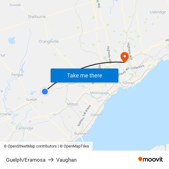 Guelph/Eramosa to Vaughan map