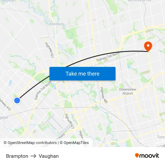 Brampton to Vaughan map