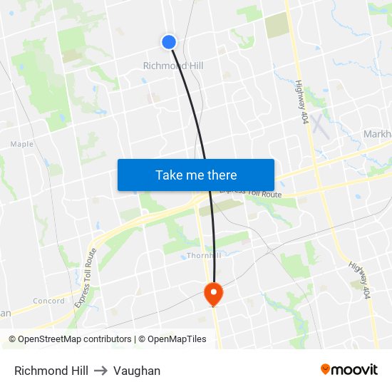 Richmond Hill to Vaughan map