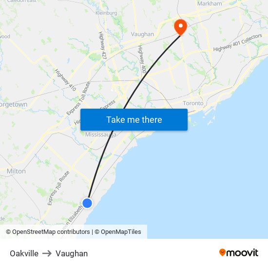 Oakville to Vaughan map