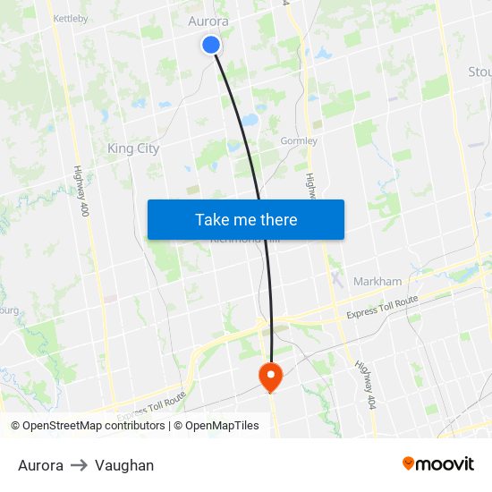 Aurora to Vaughan map