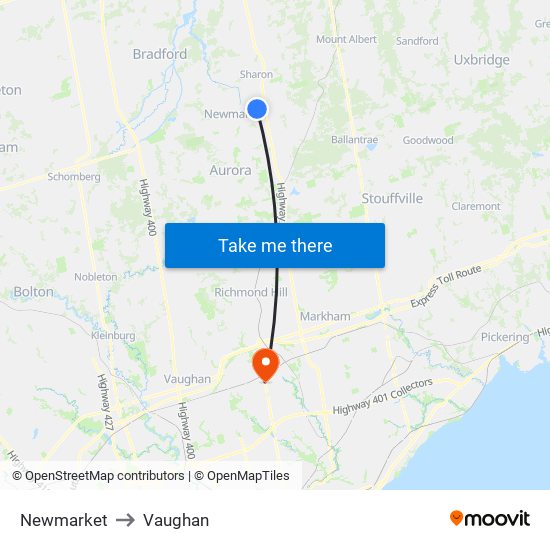 Newmarket to Vaughan map