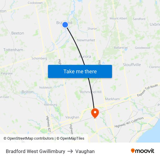 Bradford West Gwillimbury to Vaughan map