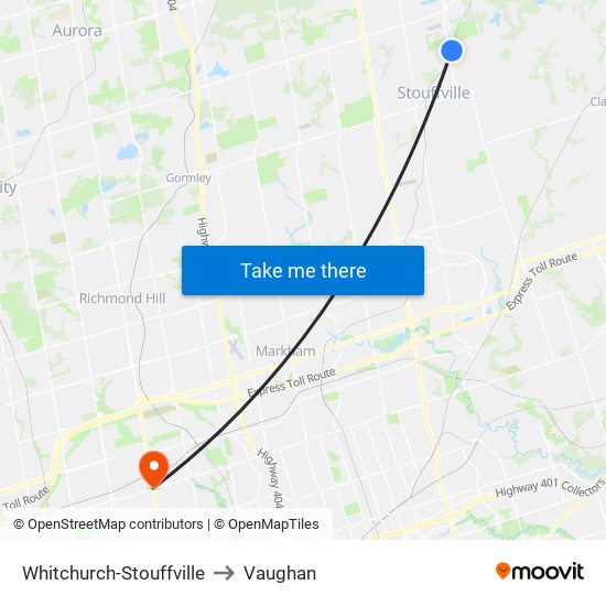 Whitchurch-Stouffville to Vaughan map