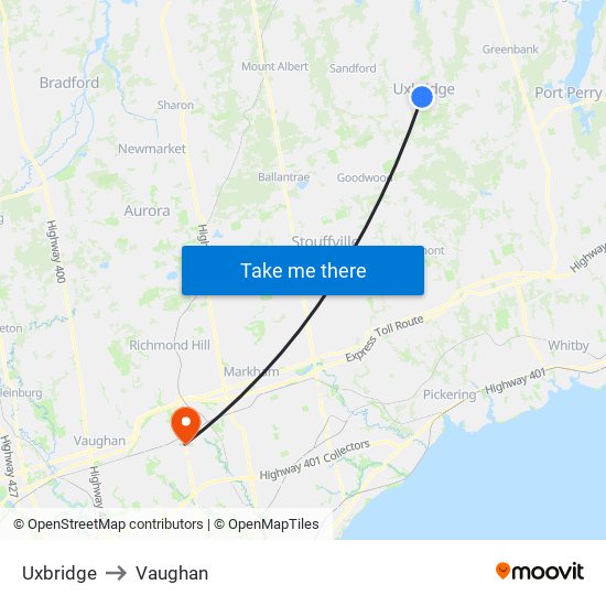 Uxbridge to Vaughan map