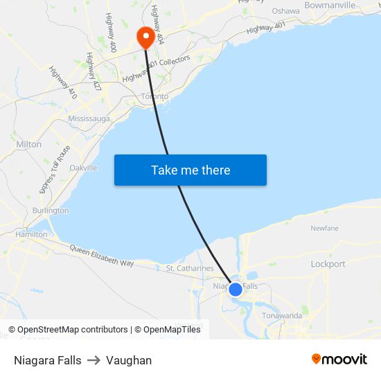 Niagara Falls to Vaughan map